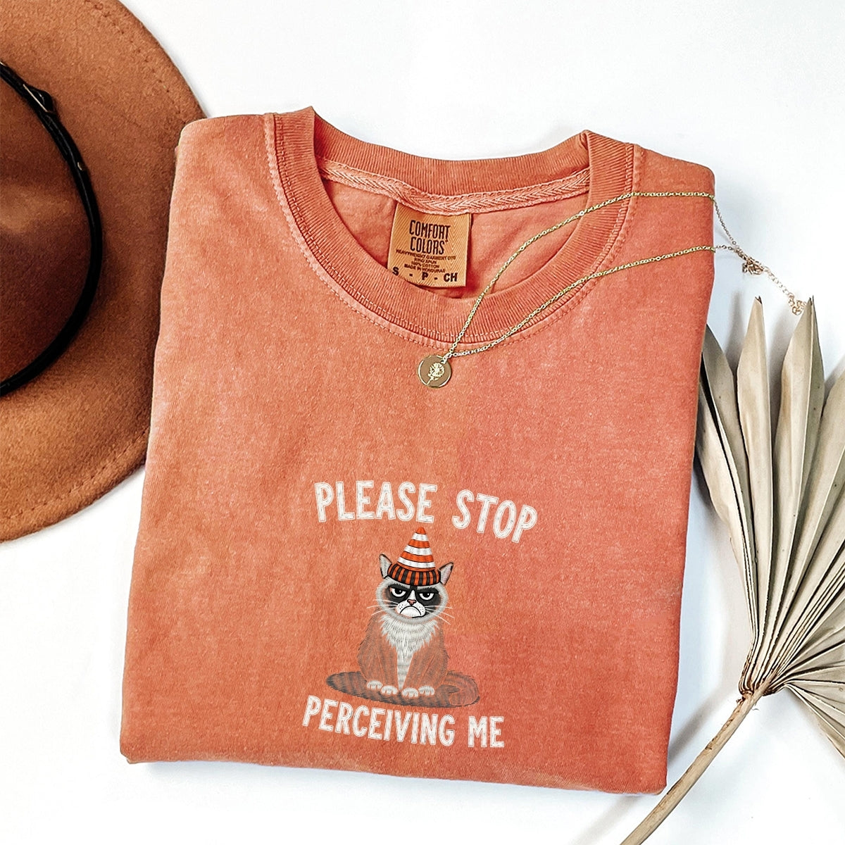Custom Embroidered Please Stop Perceiving Me T-Shirt | Funny Cat Tee – Cute Introvert Embroidered Gift