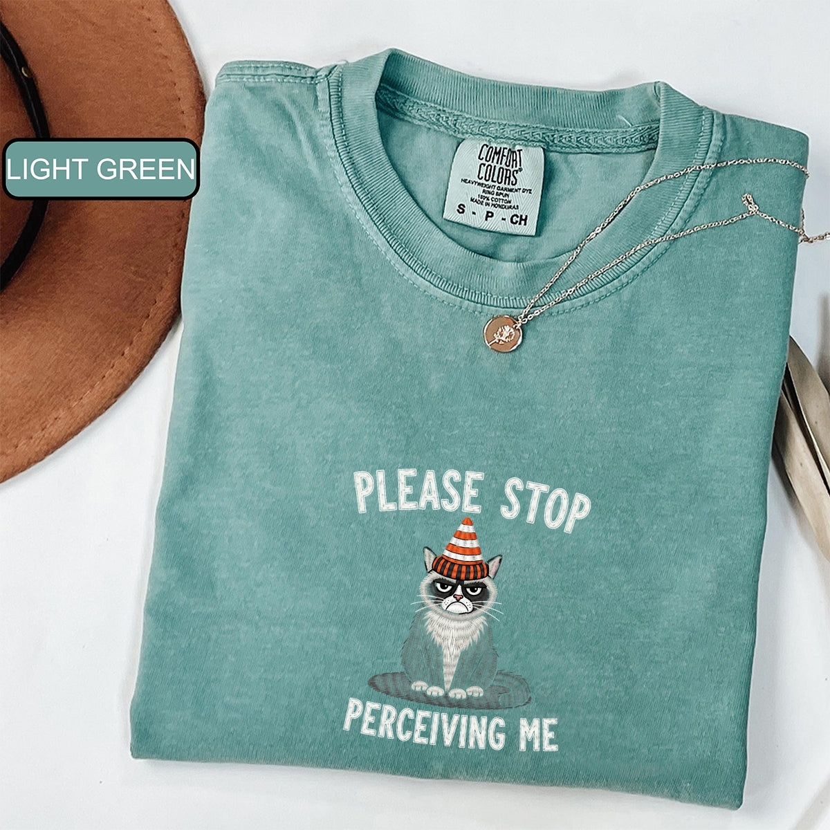 Custom Embroidered Please Stop Perceiving Me T-Shirt | Funny Cat Tee – Cute Introvert Embroidered Gift