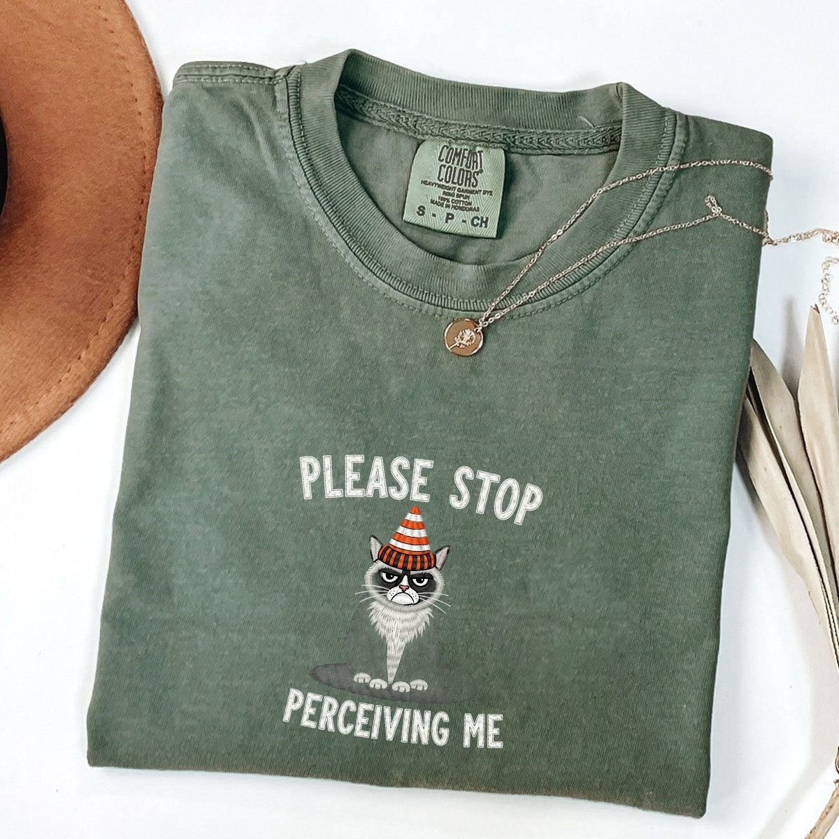 Custom Embroidered Please Stop Perceiving Me T-Shirt | Funny Cat Tee – Cute Introvert Embroidered Gift