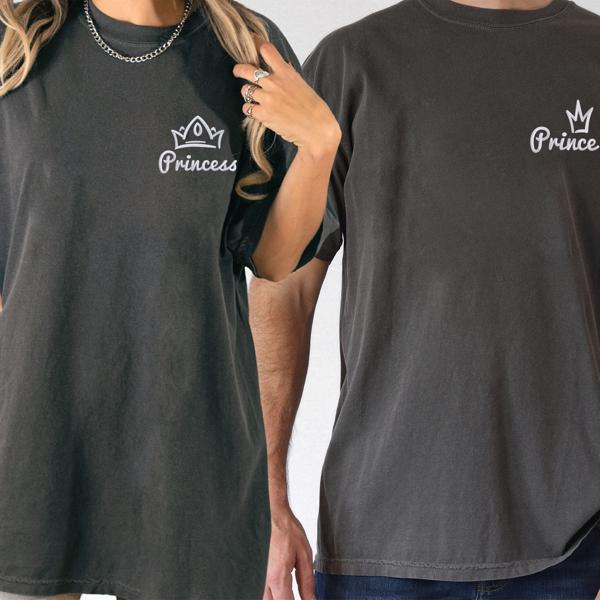 T-shirts assortis brodés Princesse x Prince pour couples