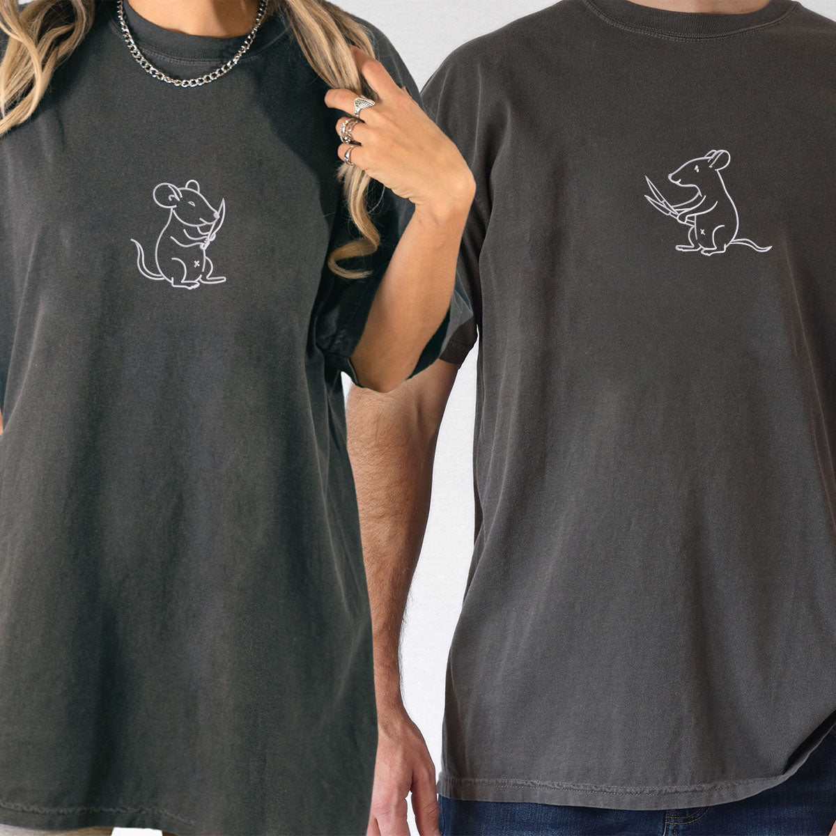 T-shirts assortis personnalisés avec rats brodés et couteaux pour couples