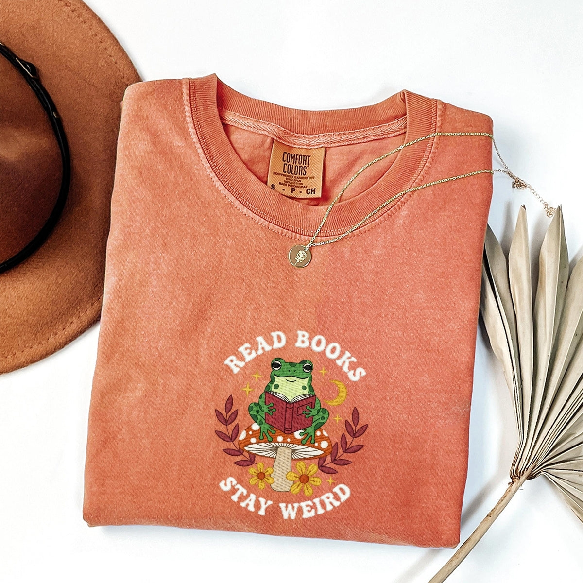 Custom Embroidered Read Books Stay Weird T-Shirt | Funny Bookish Frog Tee – Cute Embroidered Gift for Readers