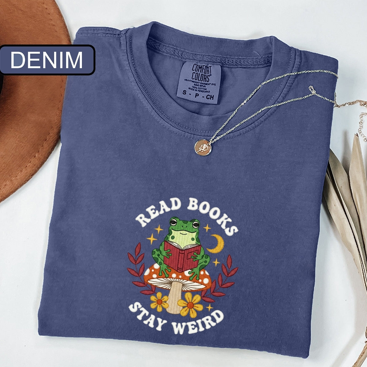 Custom Embroidered Read Books Stay Weird T-Shirt | Funny Bookish Frog Tee – Cute Embroidered Gift for Readers