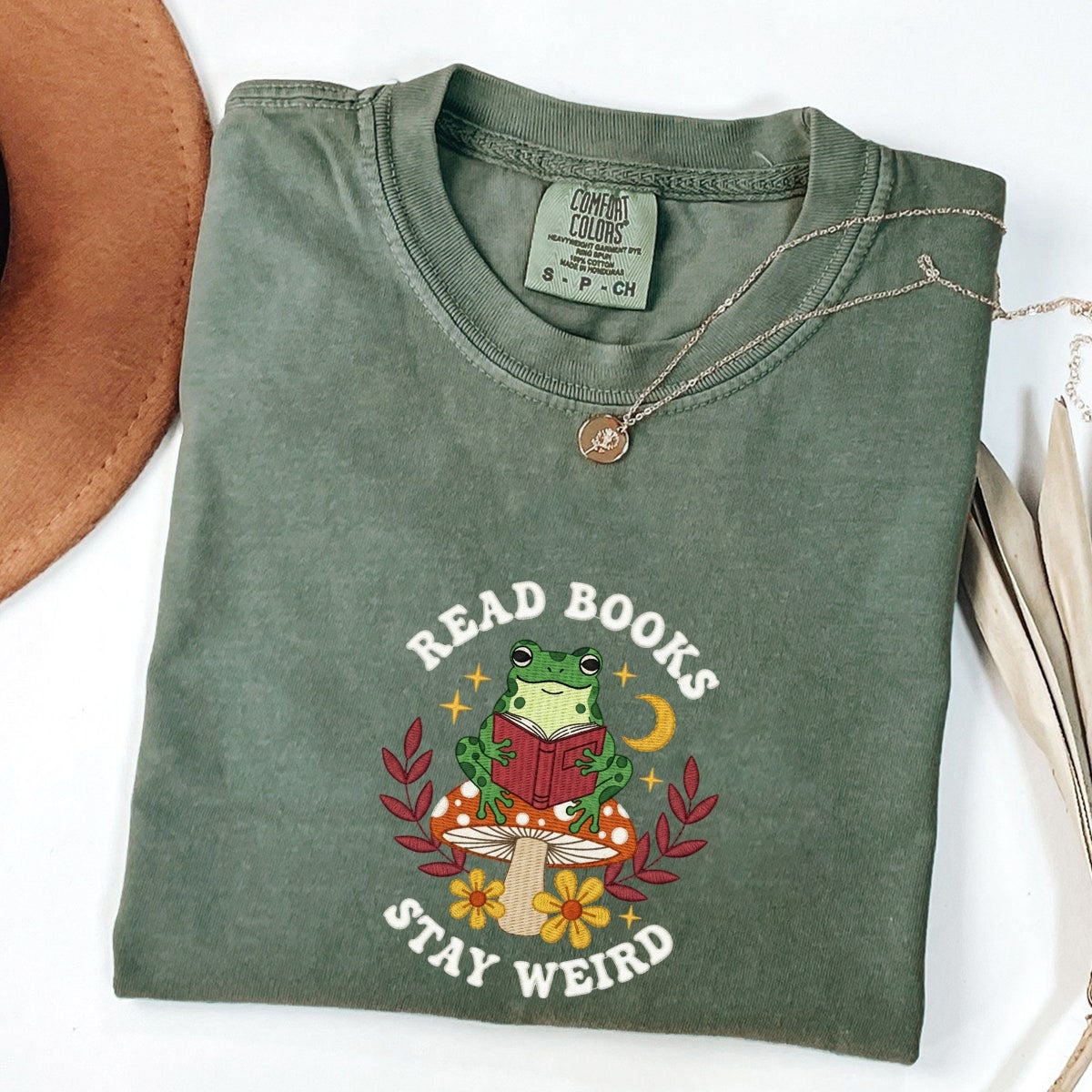 Custom Embroidered Read Books Stay Weird T-Shirt | Funny Bookish Frog Tee – Cute Embroidered Gift for Readers