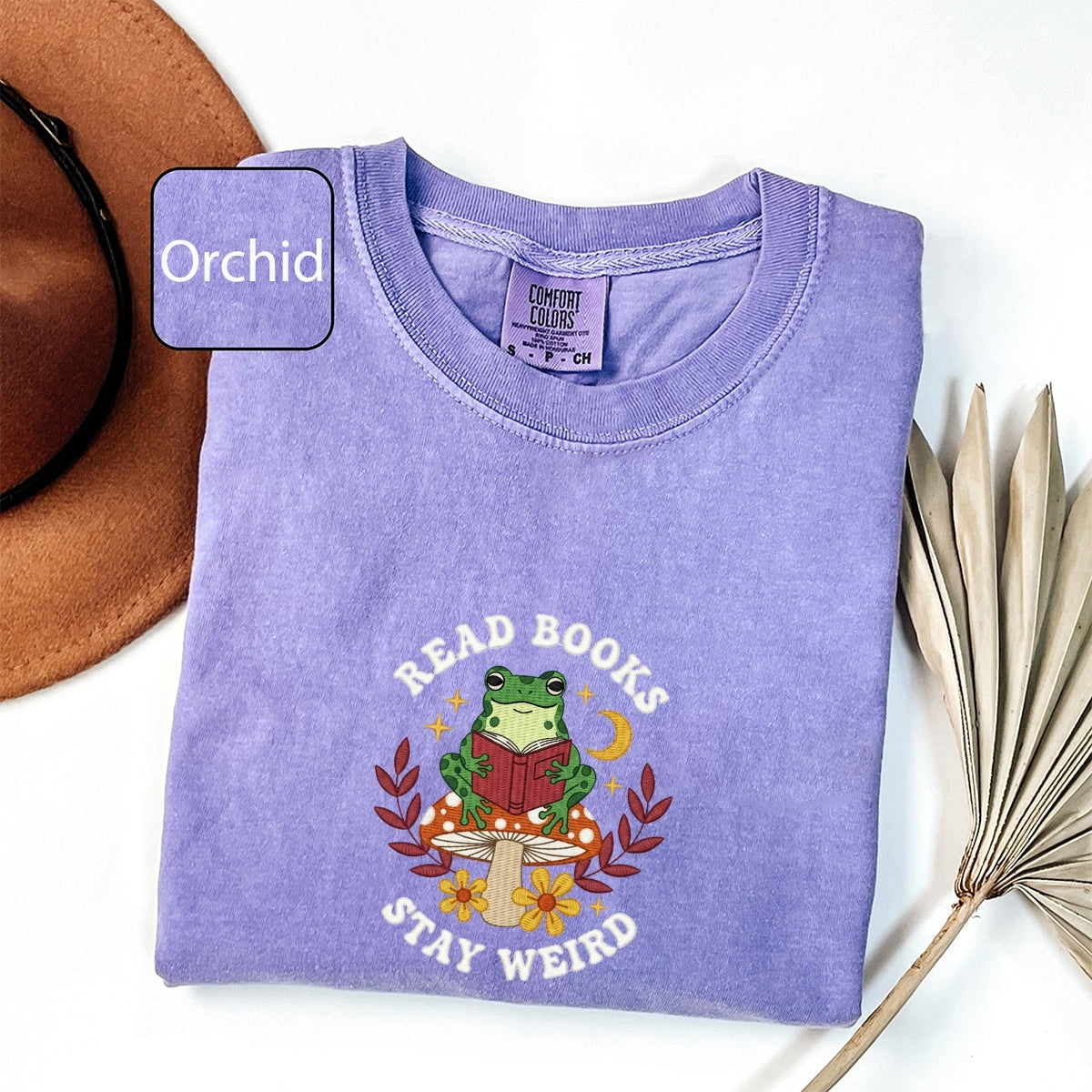 Custom Embroidered Read Books Stay Weird T-Shirt | Funny Bookish Frog Tee – Cute Embroidered Gift for Readers
