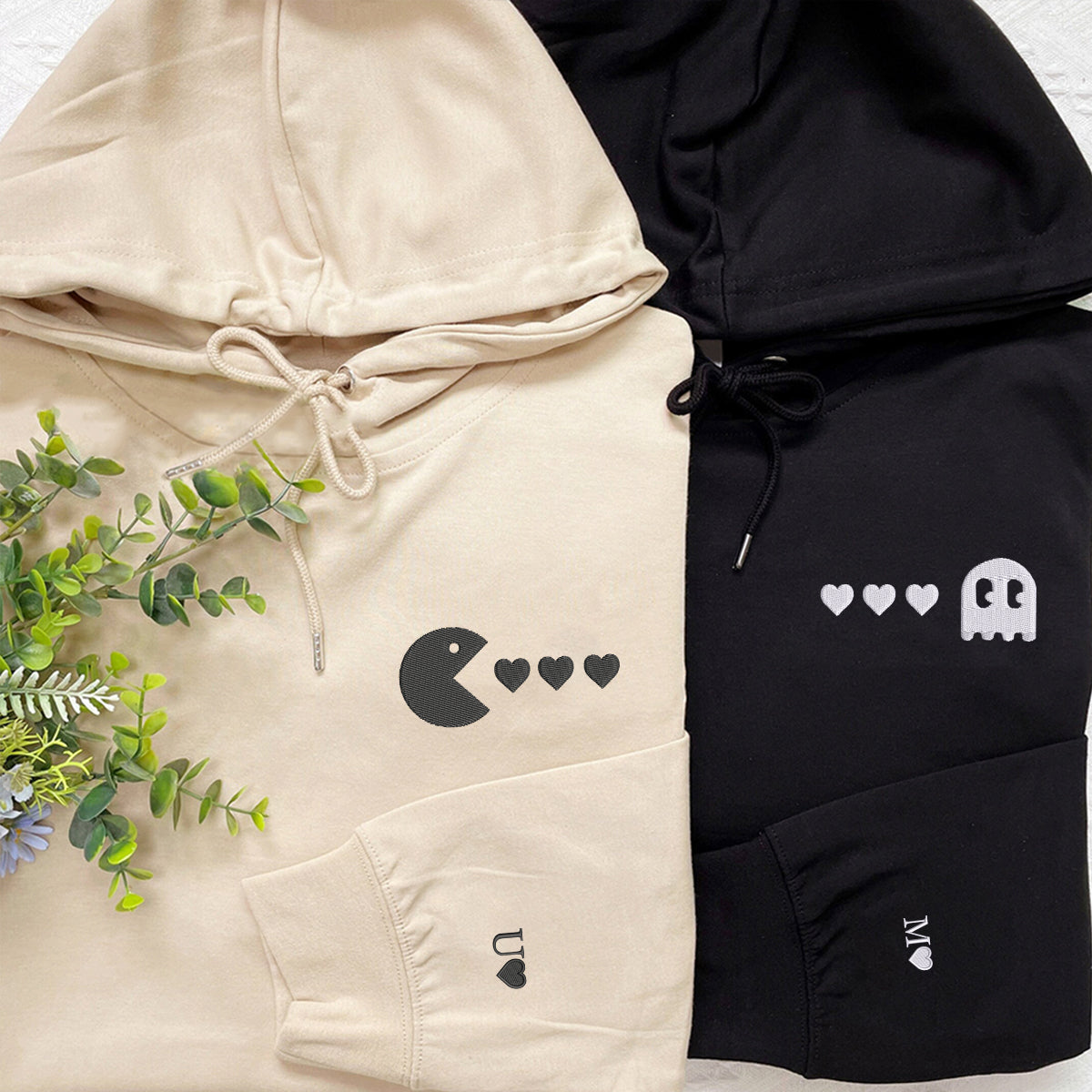 Individuell bestickte Engel- und Dämonenkatze-Kapuzenpullover für Paare