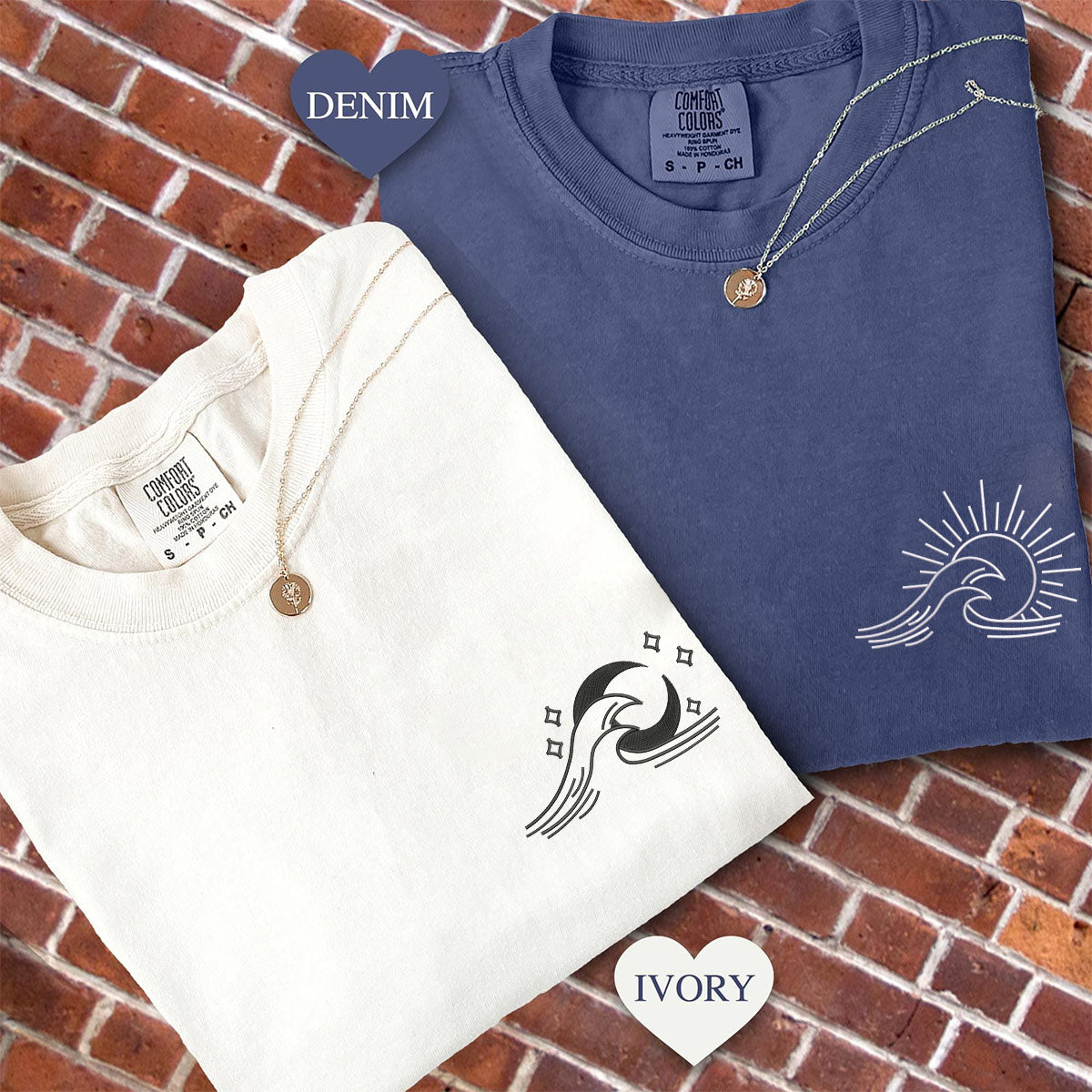 T-shirts assortis brodés personnalisés, motif vagues, soleil et lune, pour couples