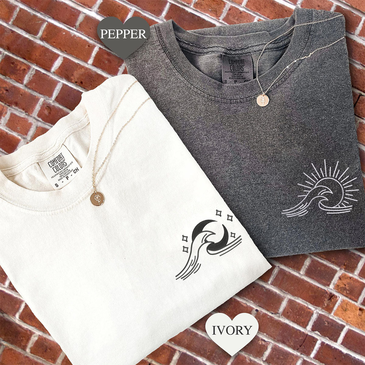 T-shirts assortis brodés personnalisés, motif vagues, soleil et lune, pour couples