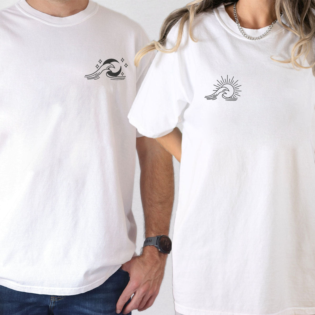 T-shirts assortis brodés personnalisés, motif vagues, soleil et lune, pour couples