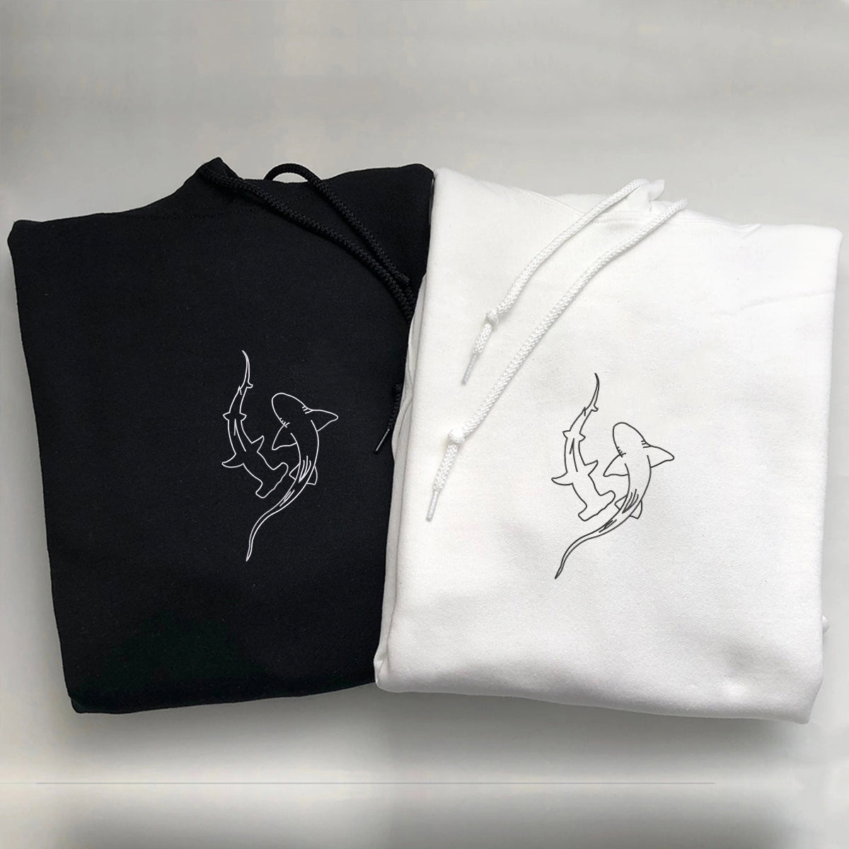 Custom Embroidered Shark Love Matching Hoodies for Couples