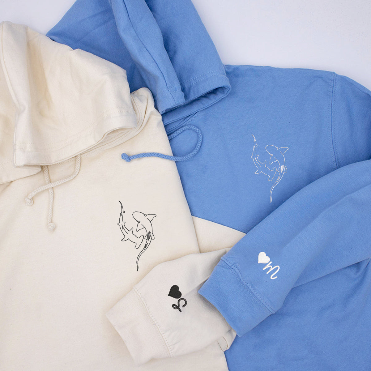 Custom Embroidered Shark Love Matching Hoodies for Couples