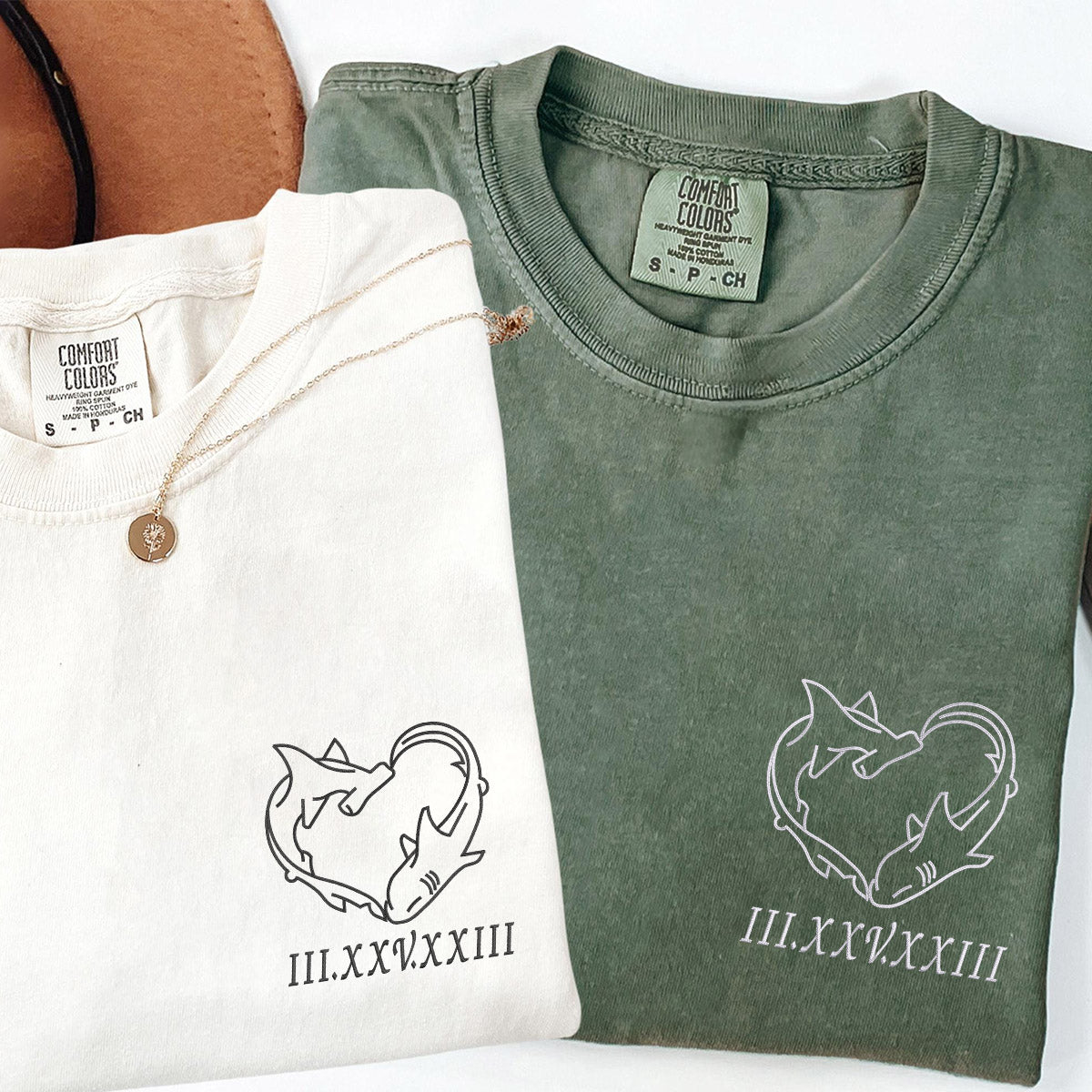 Custom Embroidered Shark Love Roman Numeral Matching T-shirts for Couples