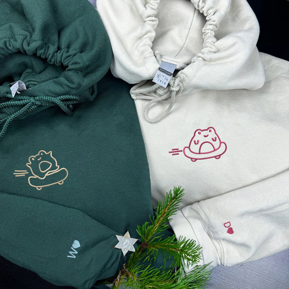 Benutzerdefinierte bestickte Skateboard Frosch passende Hoodies für Paare