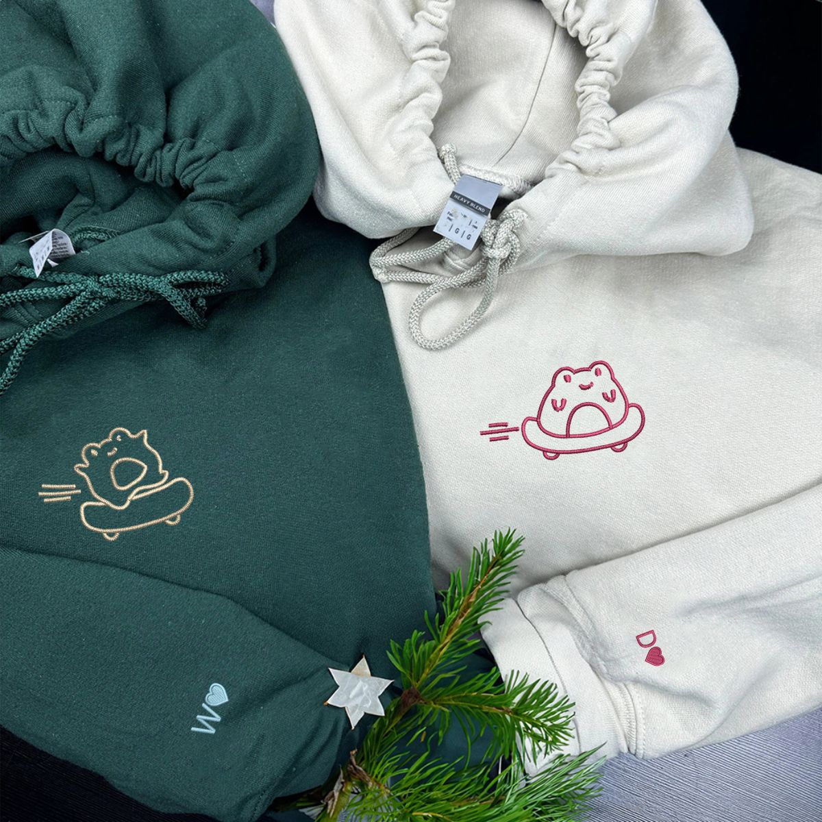 Custom Embroidered Skateboard Frog Matching Hoodies for Couples