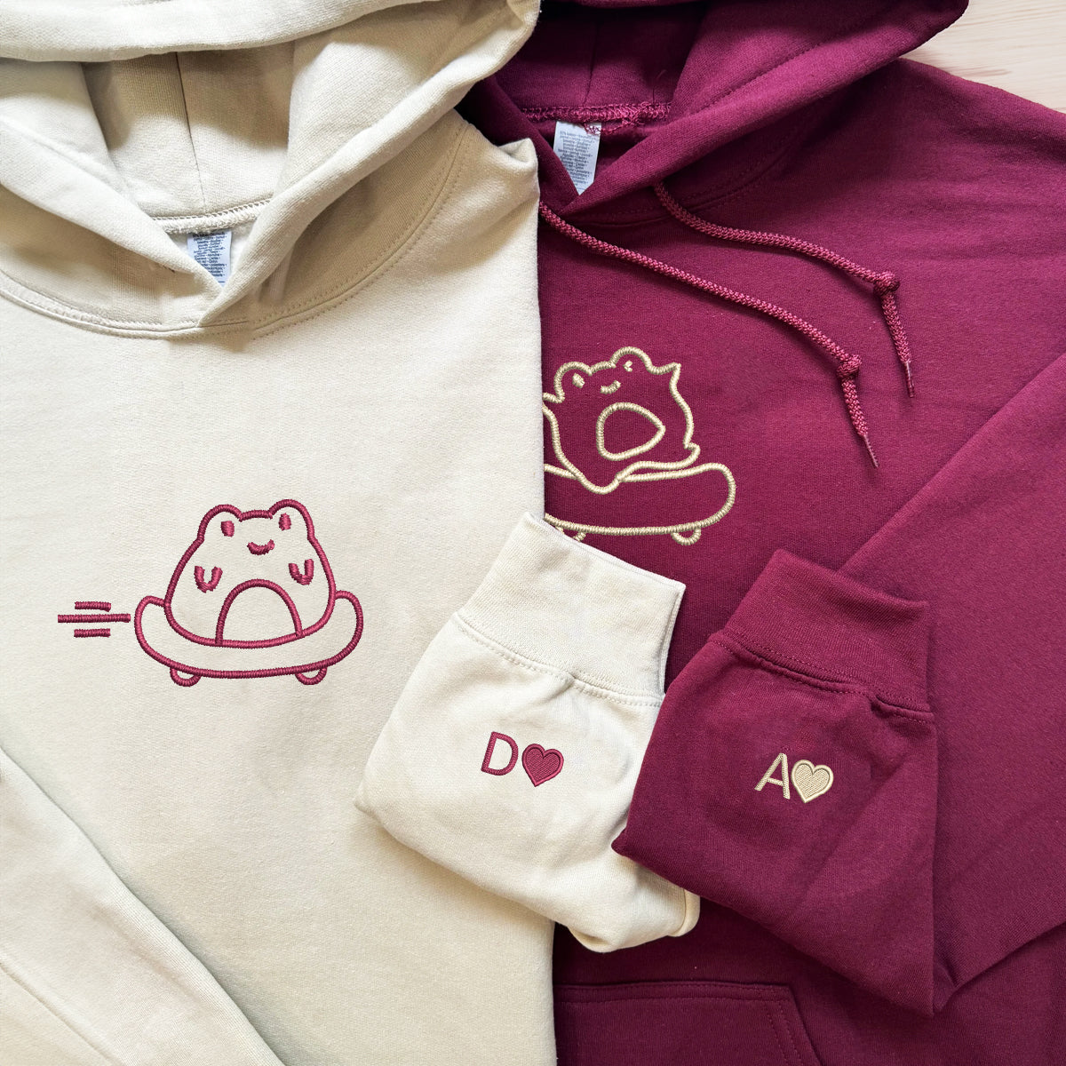 Custom Embroidered Skateboard Frog Matching Hoodies for Couples