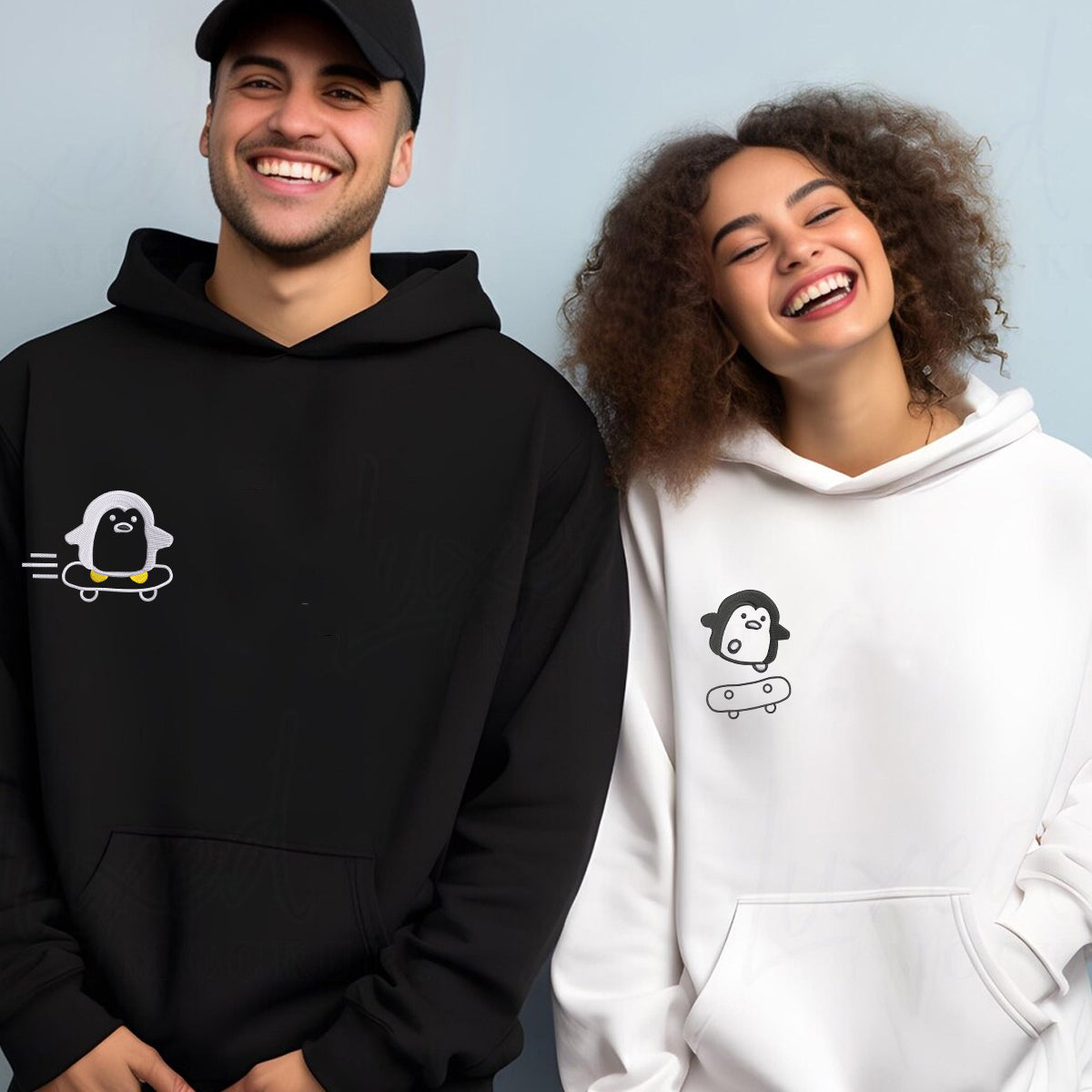 Benutzerdefinierte bestickte Skateboard Pinguin passende Hoodies für Paare