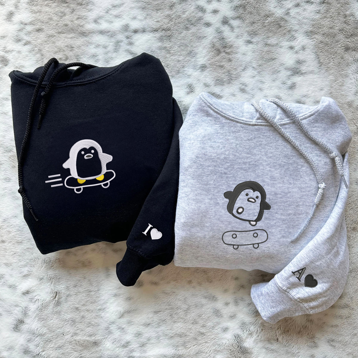 Benutzerdefinierte bestickte Skateboard Pinguin passende Hoodies für Paare