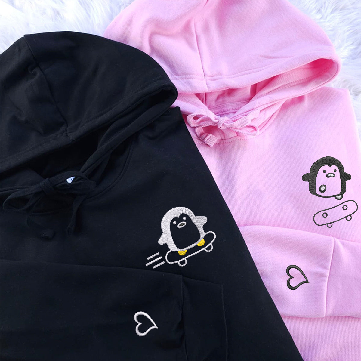 Sweats à capuche assortis personnalisés avec motif pingouin de skateboard brodé pour couples