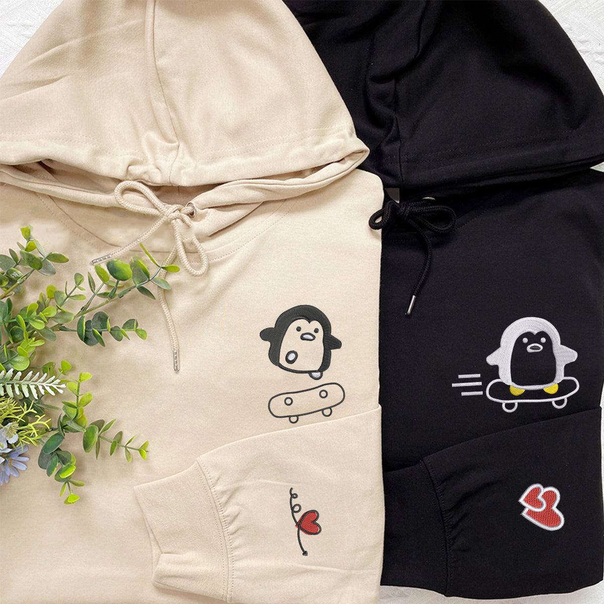 Benutzerdefinierte bestickte Skateboard Pinguin passende Hoodies für Paare