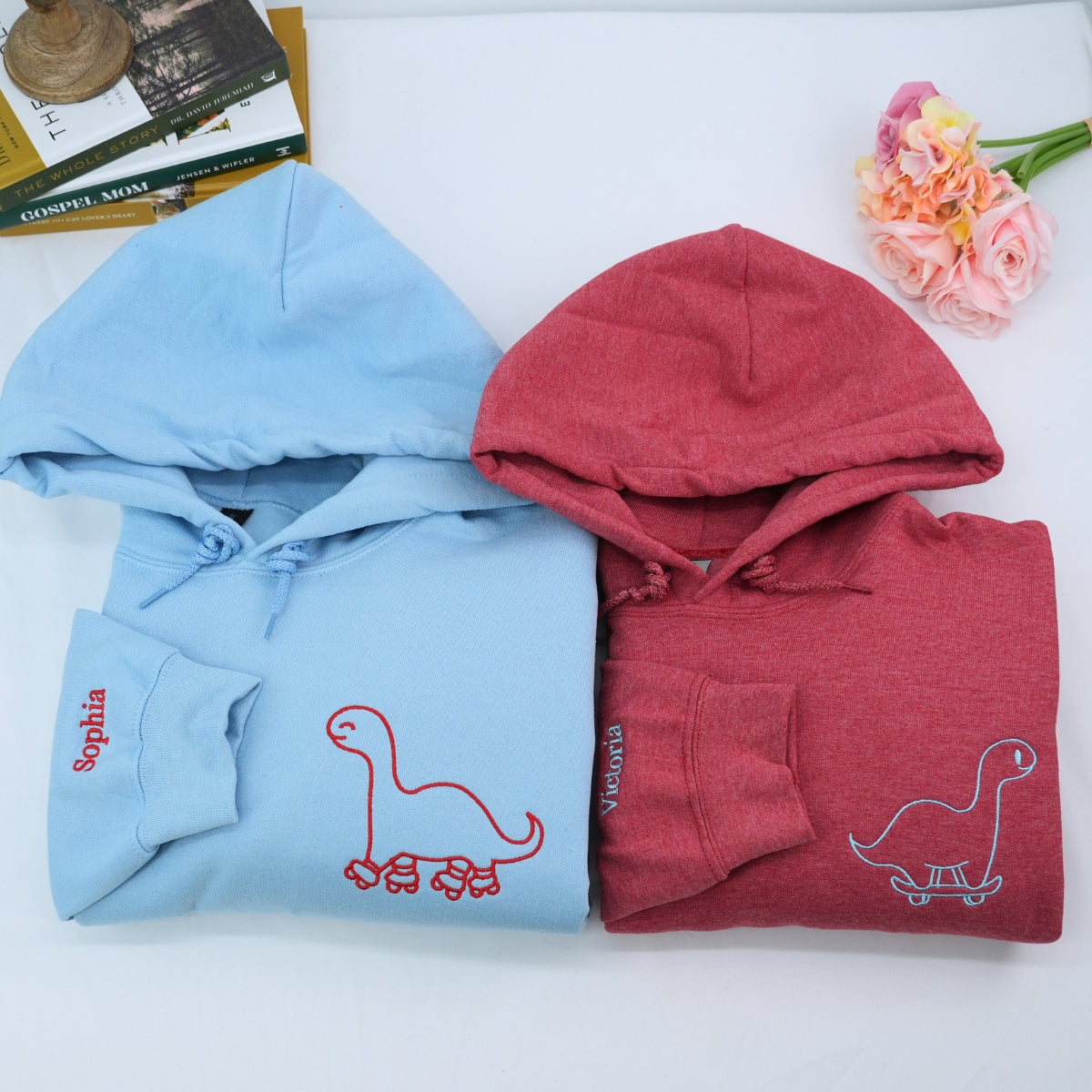 Custom Embroidered Skater Dino Matching Hoodies for Couples