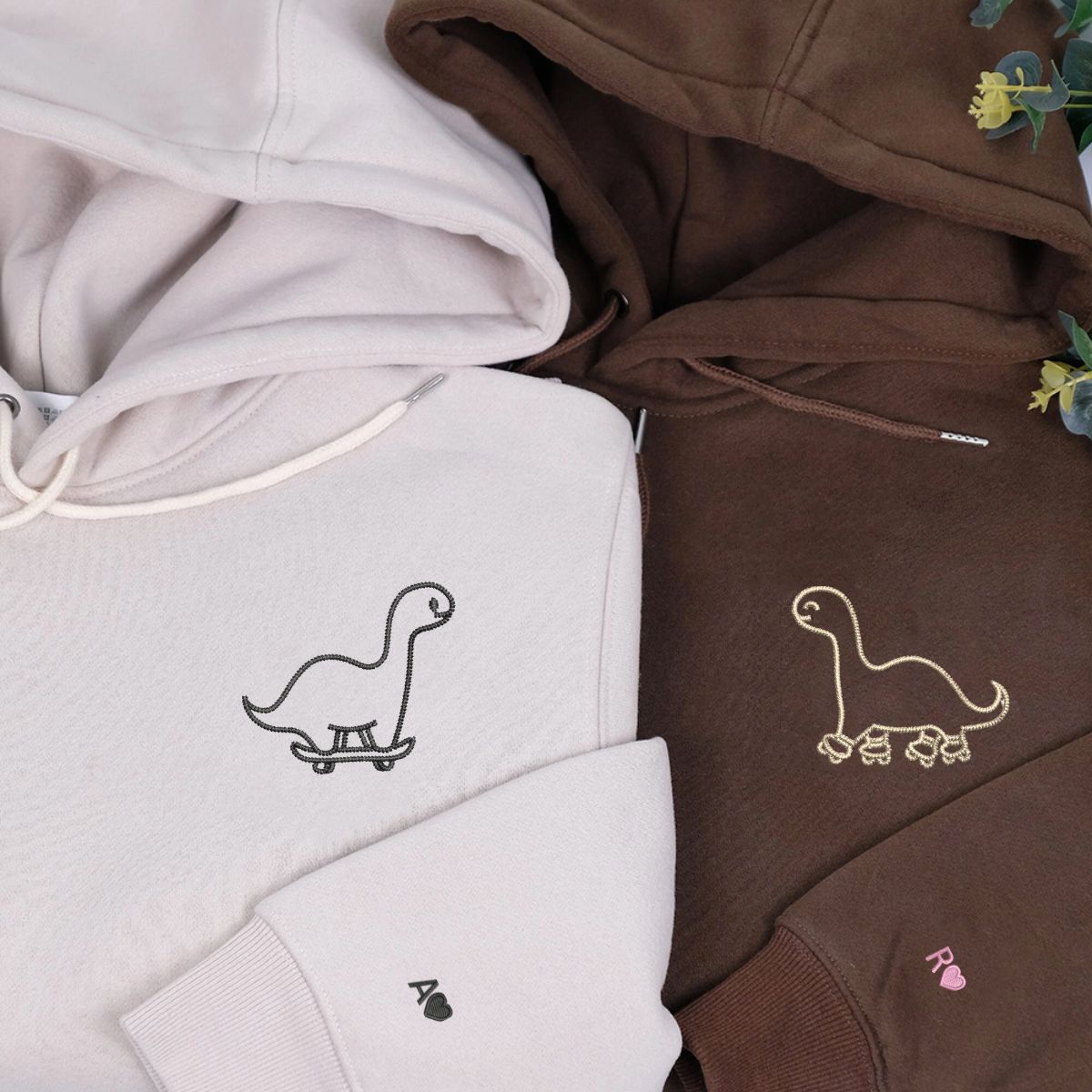 Custom Embroidered Skater Dino Matching Hoodies for Couples