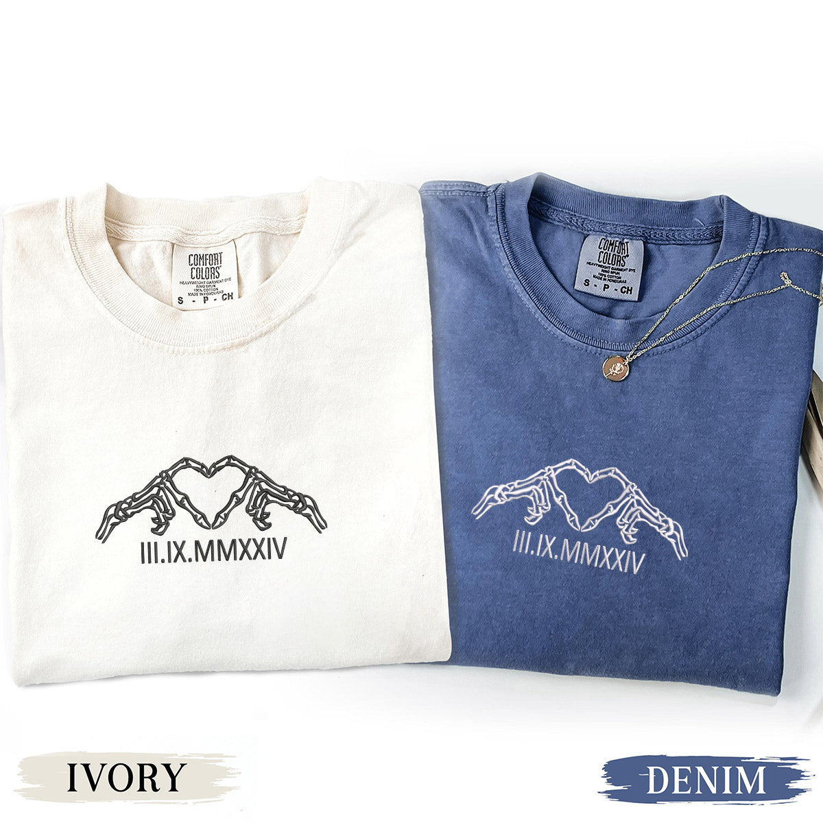 T-shirts personnalisés brodés avec chiffres romains et squelettes pour couples