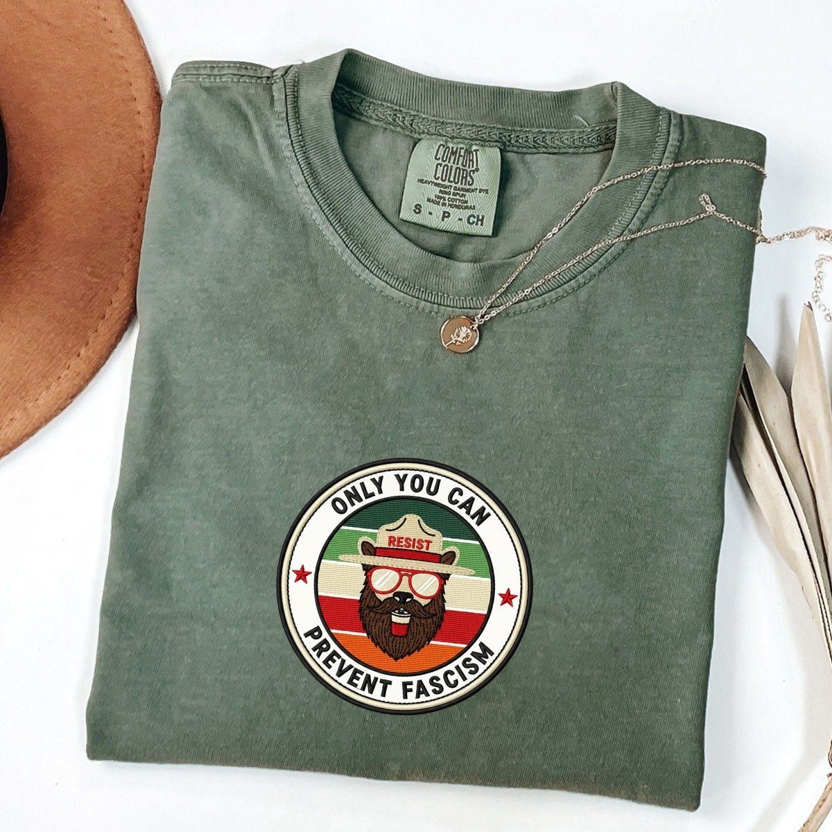 Custom Embroidered Smokey Bear Resist T-Shirt | Funny Political Tee – Liberal Activist Forest Protection Gift