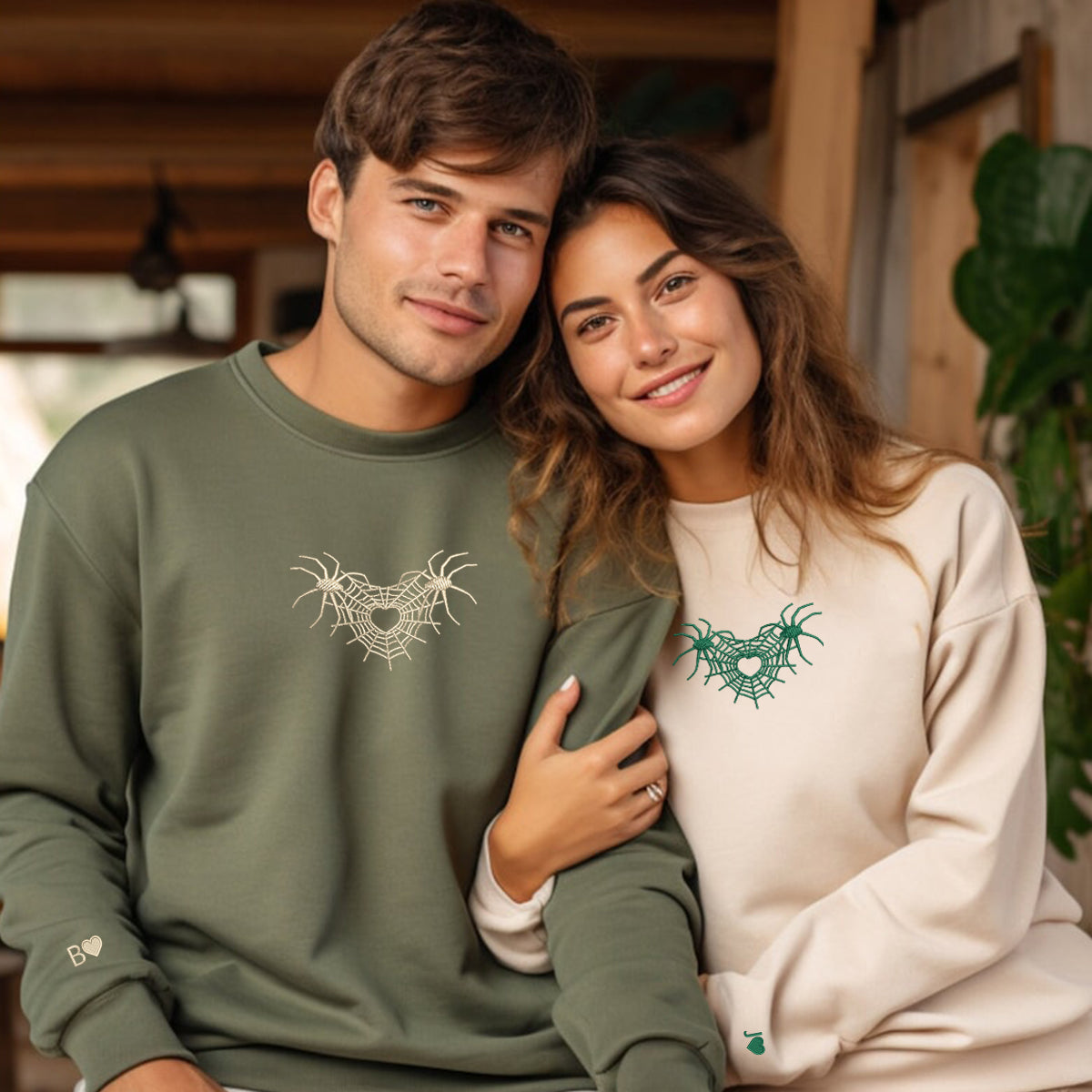 Sweats à capuche assortis personnalisés en toile d'araignée brodée Cœur 3.0 pour couples