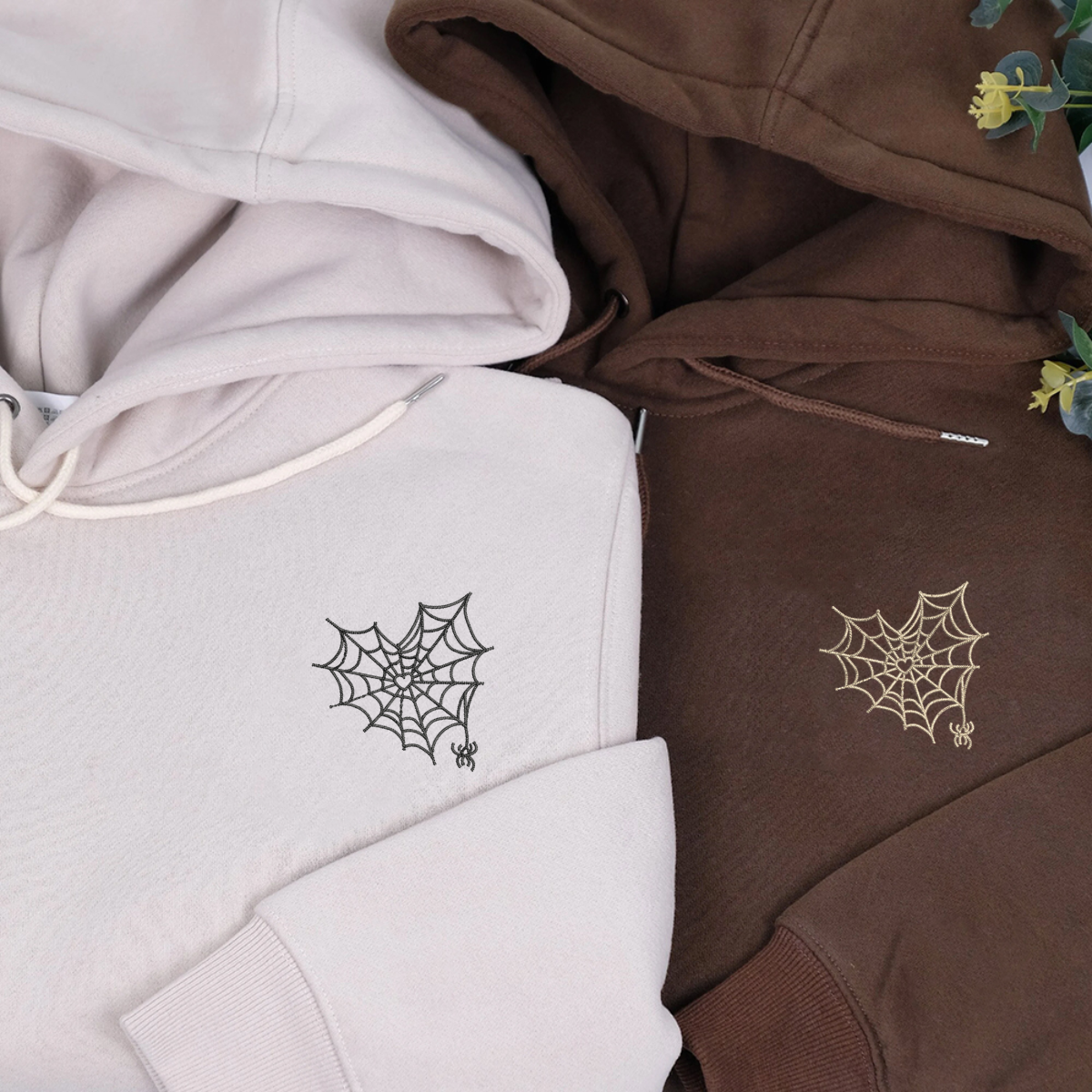 Custom Embroidered Spider Web Heart Matching Hoodies for Couples