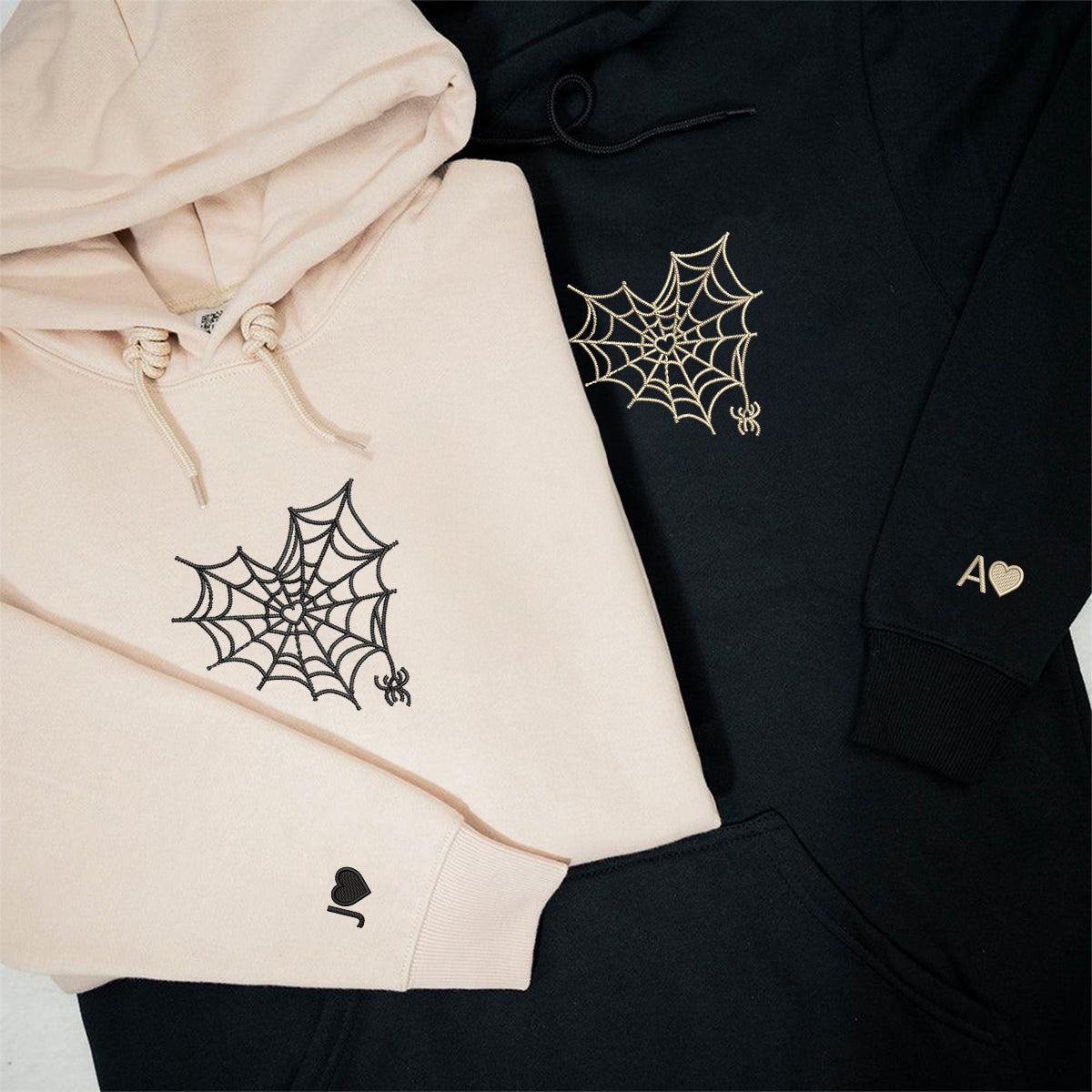 Custom Embroidered Spider Web Heart Matching Hoodies for Couples