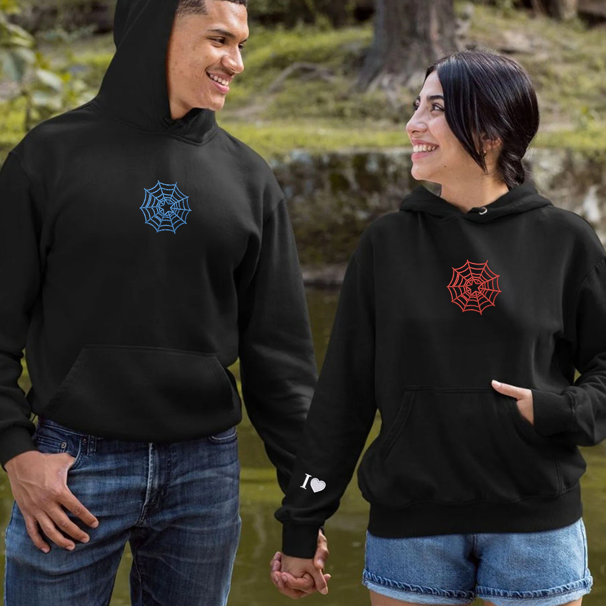 Sweats à capuche assortis brodés sur mesure avec étoile en toile d'araignée pour couples