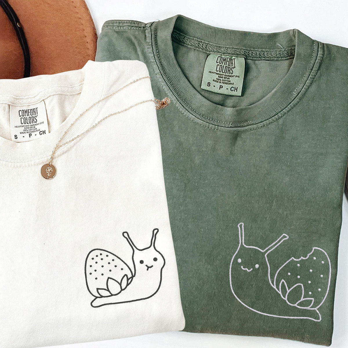 Custom Embroidered Strawberry Snail Matching T-shirts for Couples