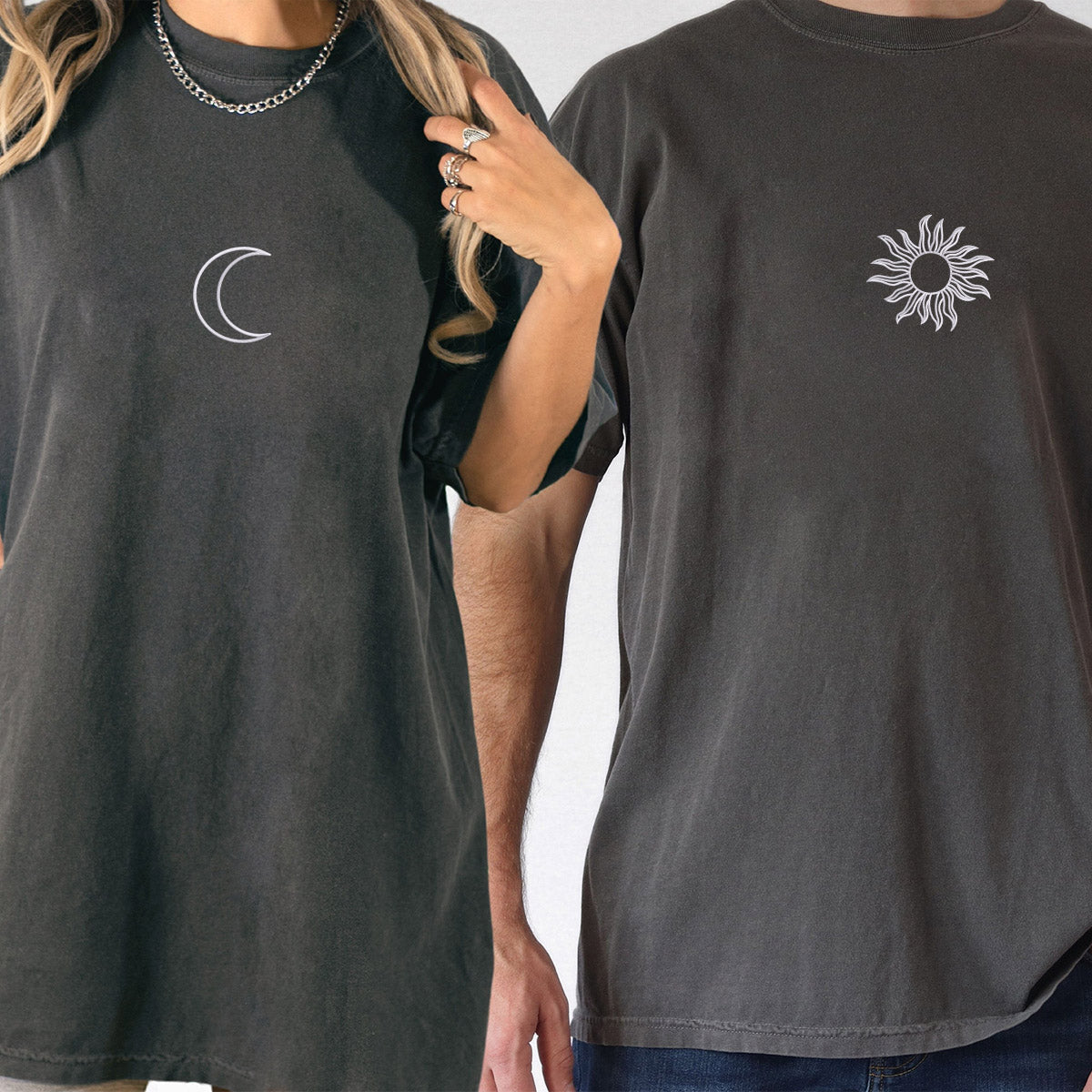 Custom Embroidered Sun and Moon Matching T-shirts for Couples