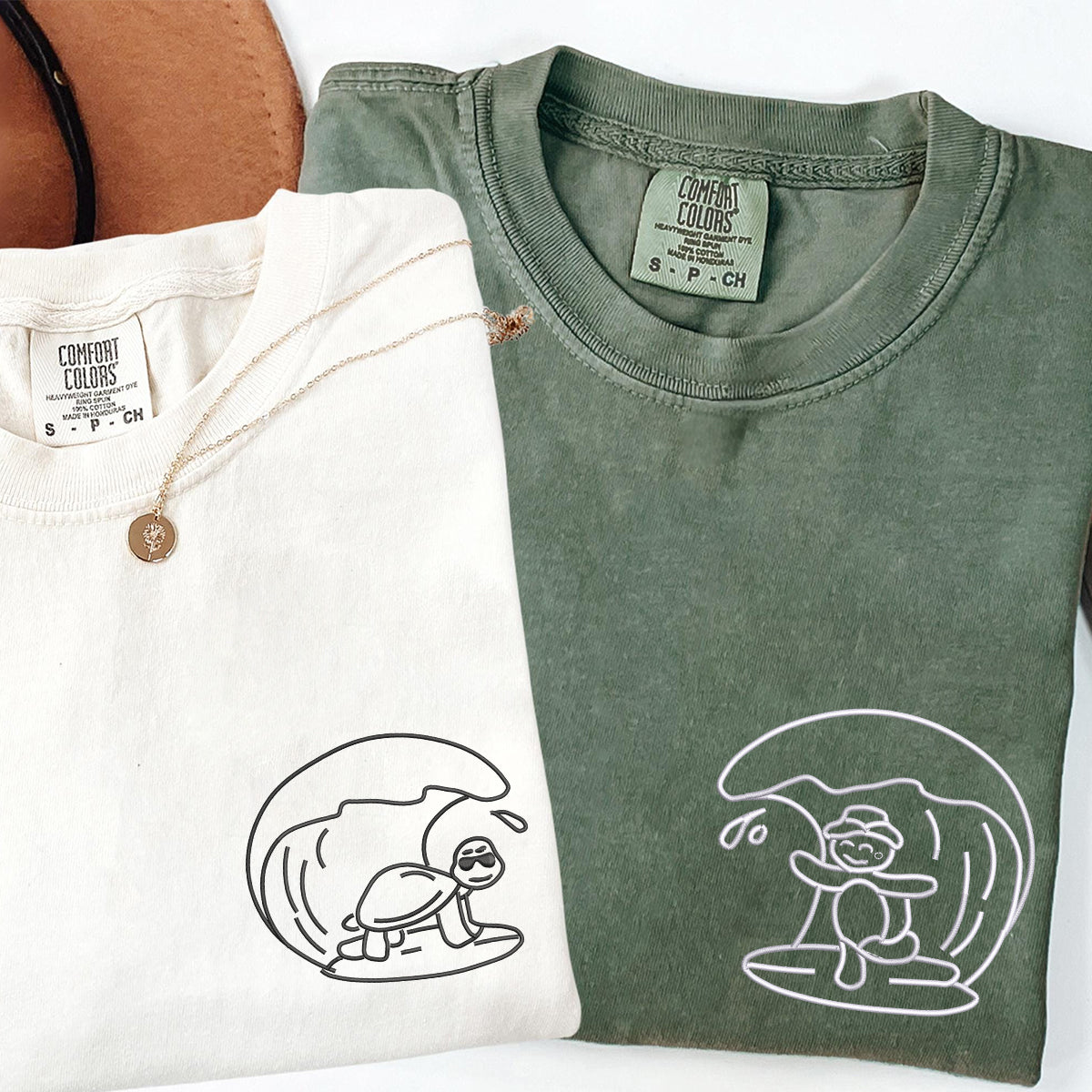 Custom Embroidered Surfs Up Turtles Matching T-shirts for Couples