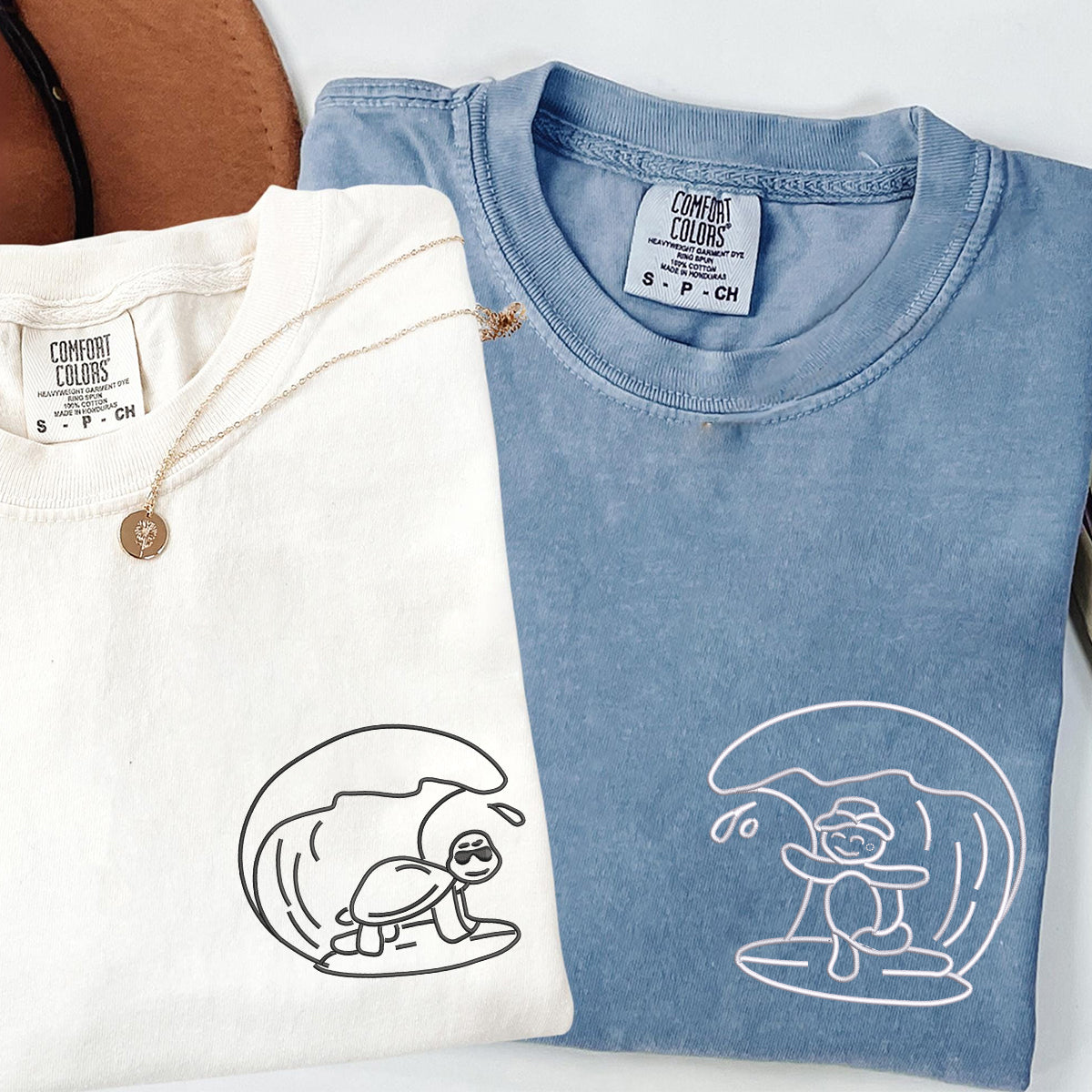 Custom Embroidered Surfs Up Turtles Matching T-shirts for Couples