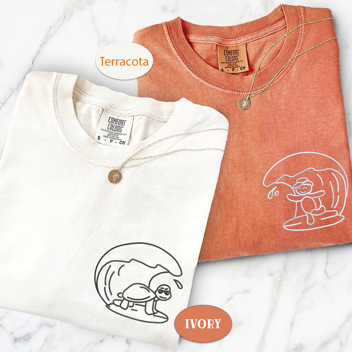 Custom Embroidered Surfs Up Turtles Matching T-shirts for Couples
