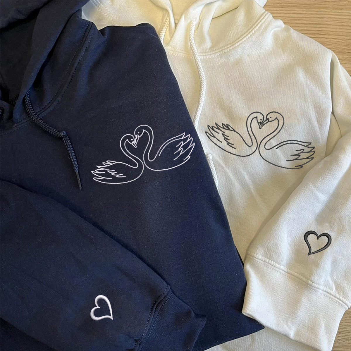 Custom Embroidered Swan Love Matching Hoodies for Couples