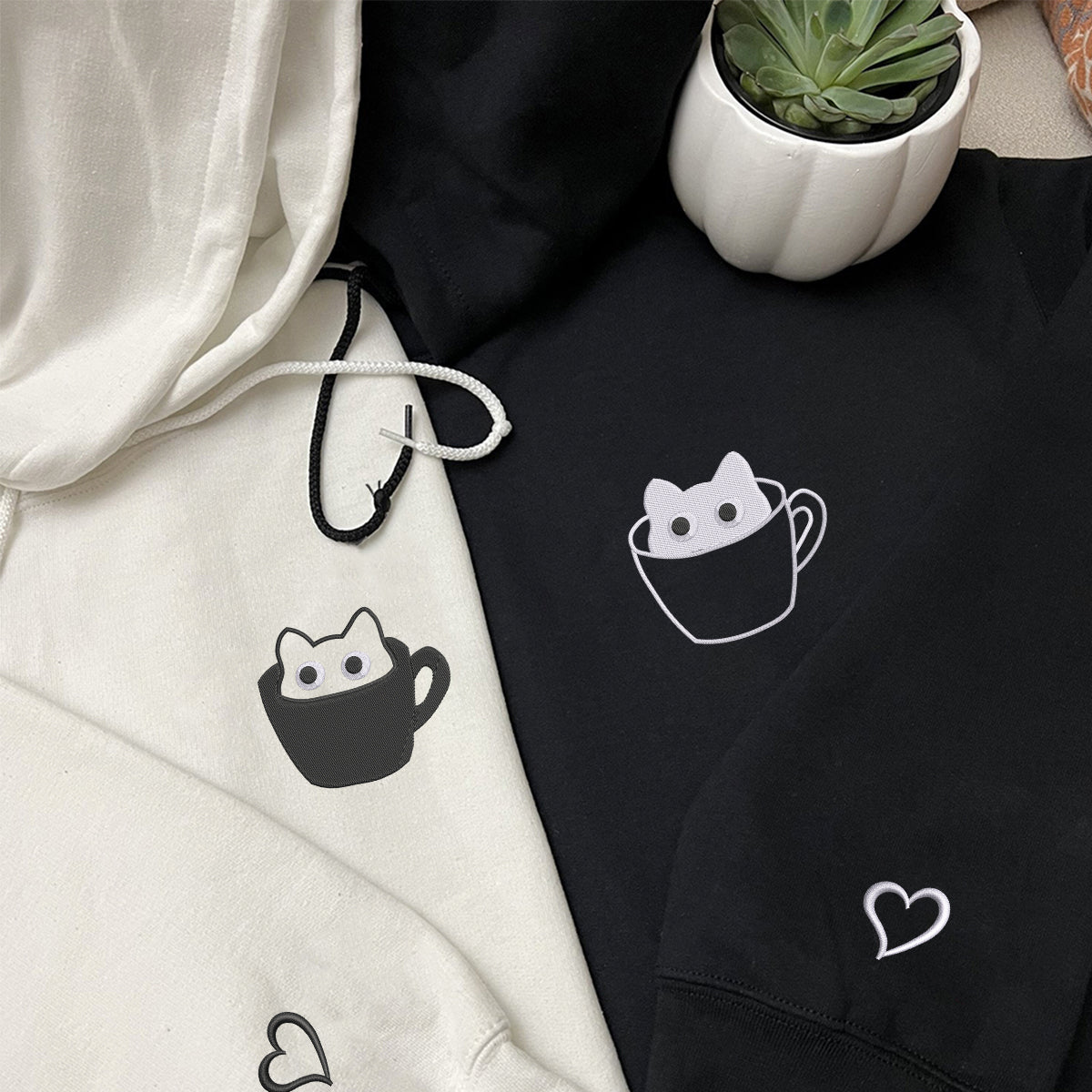 Custom Embroidered Teacup Cat Matching Hoodies for Couples