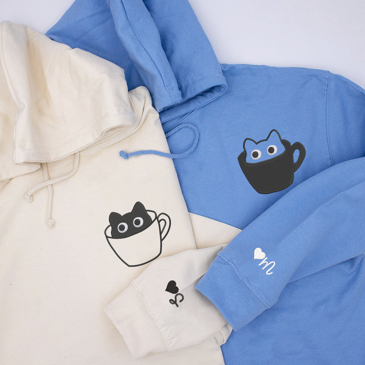 Individuell bestickte Teetassenkatze Passende Hoodies für Paare