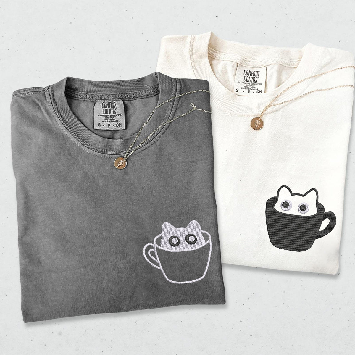 Custom Embroidered Teacup Cat Matching T-shirts for Couples