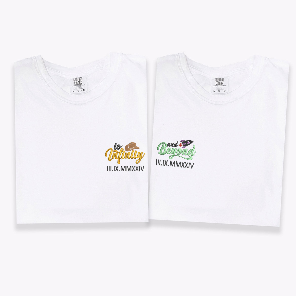 T-shirts personnalisés brodés avec chiffres romains « To Infinity And Beyond » pour couples
