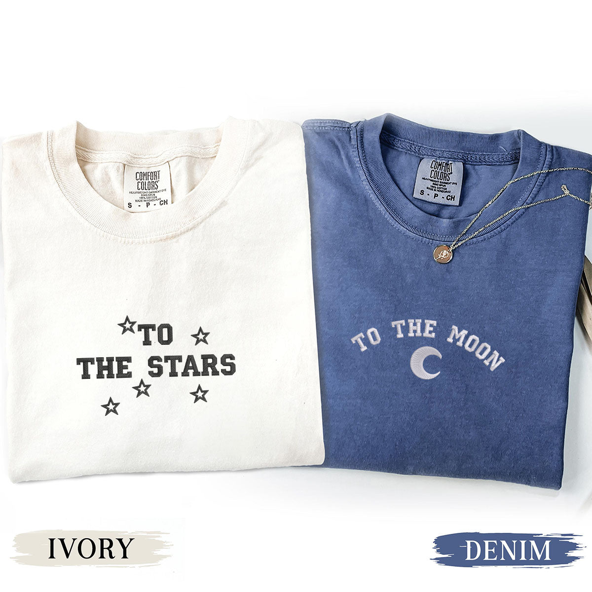 Custom Embroidered To The Moon & Stars Matching T-shirts for Couples