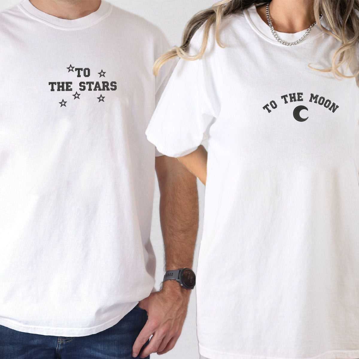 Custom Embroidered To The Moon & Stars Matching T-shirts for Couples