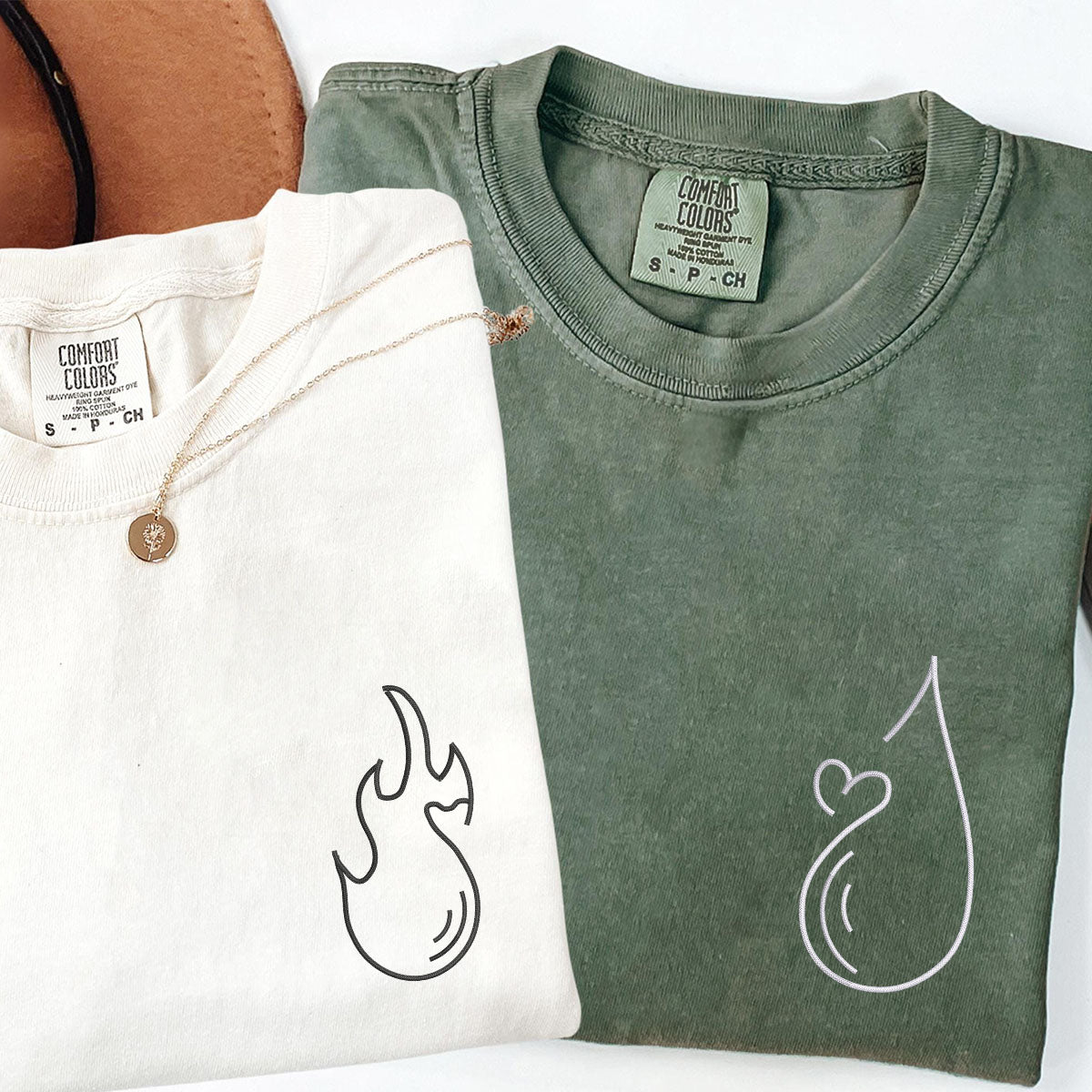 Individuell bestickte Wasser- und Feuer-T-Shirts für Paare