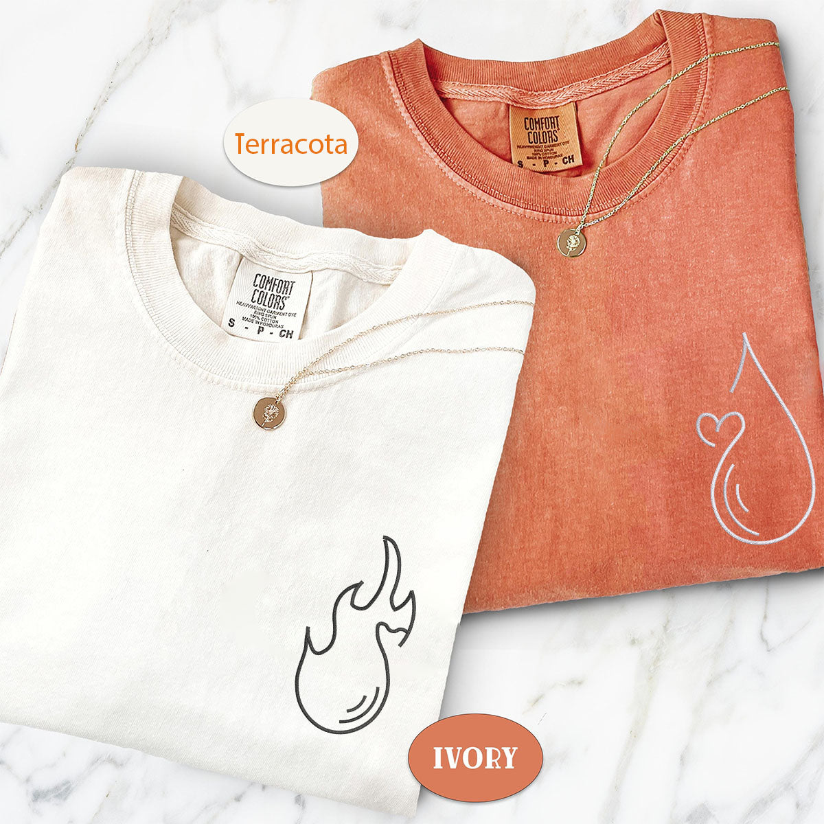 Individuell bestickte Wasser- und Feuer-T-Shirts für Paare