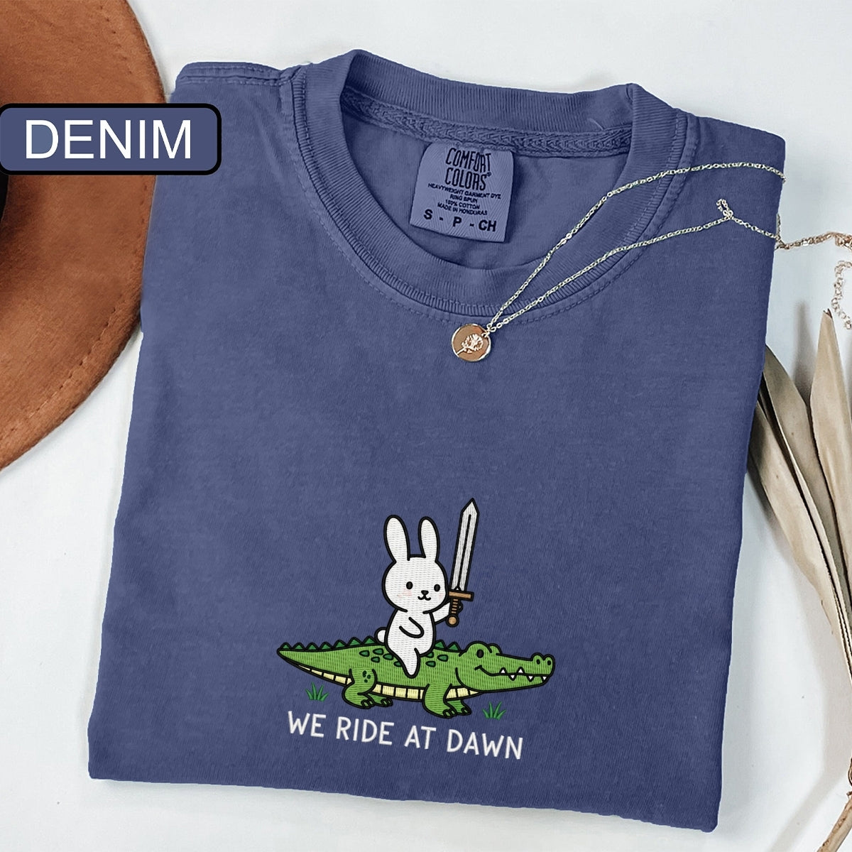 Custom Embroidered We Ride at Dawn T-Shirt | Funny Bunny & Alligator Tee – DnD Adventure