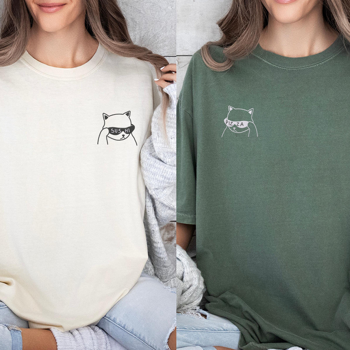 Individuell bestickte „Was essen wir heute“-T-Shirts für Paare