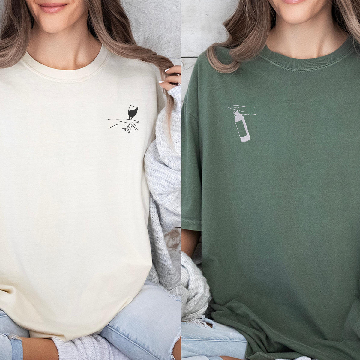 Custom Embroidered Wine Connecting People Matching T-shirts for Couples