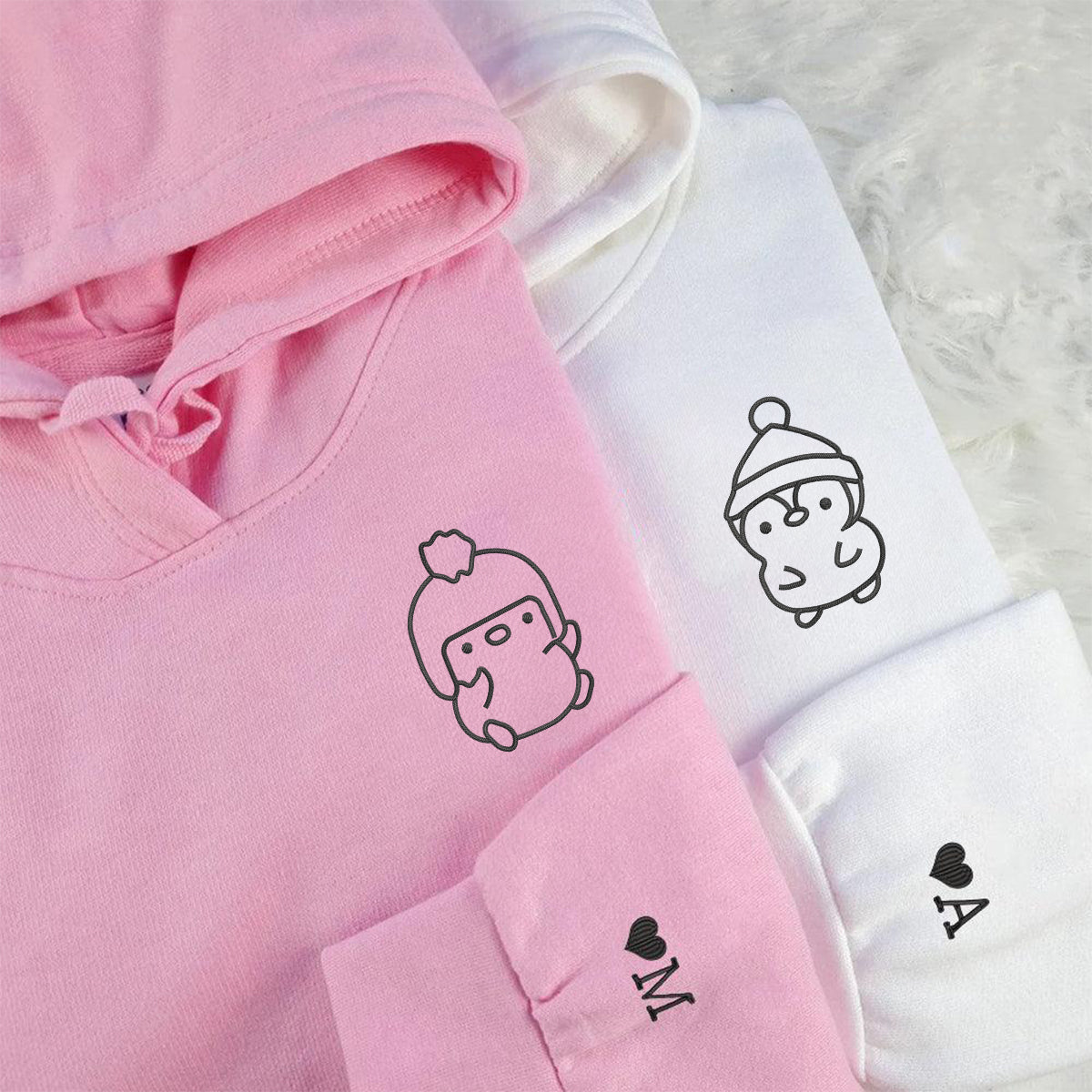 Custom Embroidered Winter Penguin Matching Hoodies for Couples