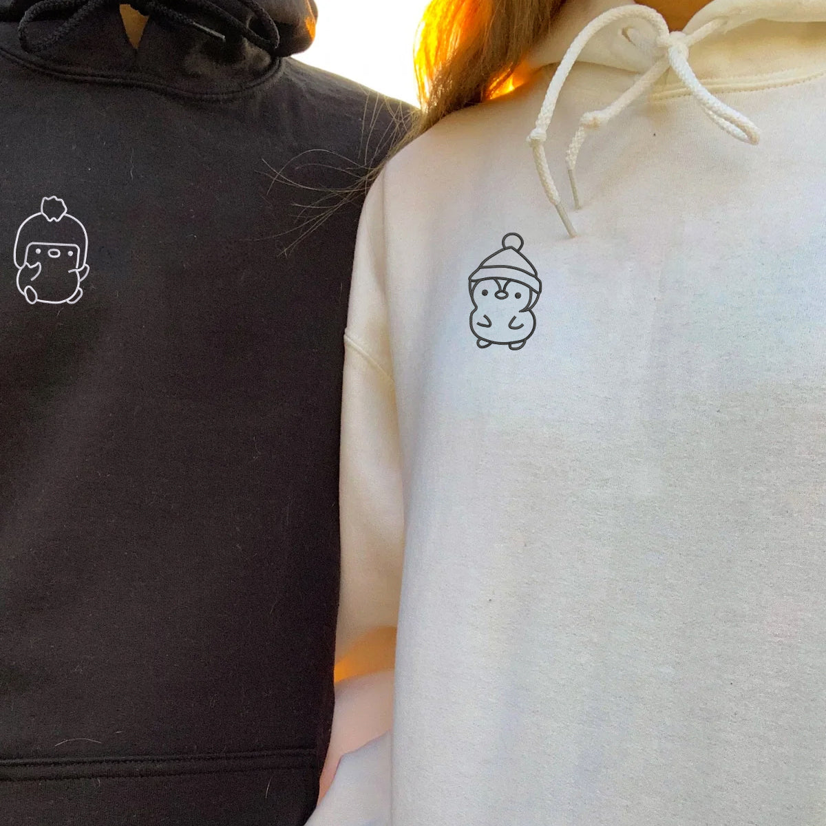 Custom Embroidered Winter Penguin Matching Hoodies for Couples
